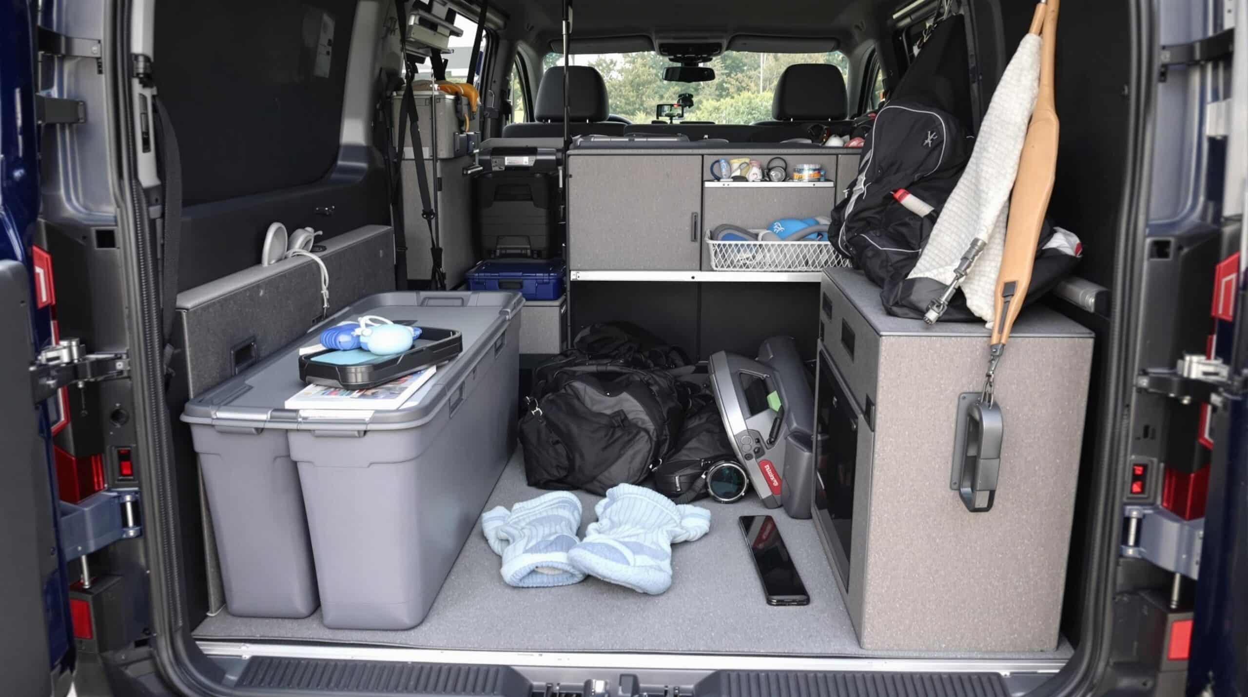 Een overzichtelijke kofferbak van een Peugeot bedrijfswagen met verschillende opbergaccessoires erin geplaatst.