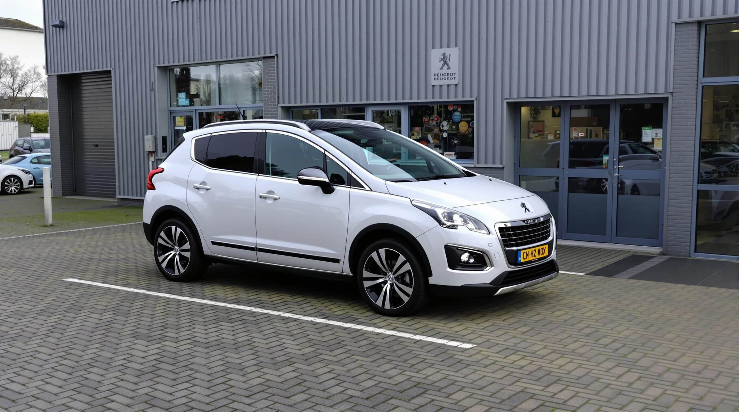 Een Peugeot 3008 staat geparkeerd op een zakelijke locatie.