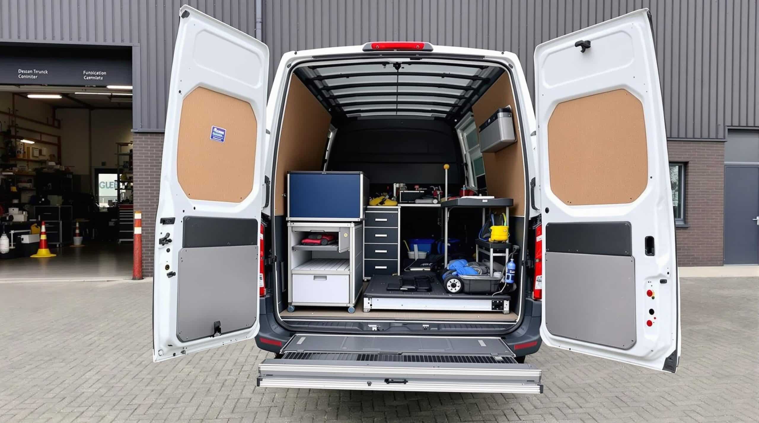 Een vrachtwagen met georganiseerde en functionele opbergoplossingen voor werkuitrusting staat geparkeerd op een bouwlocatie.