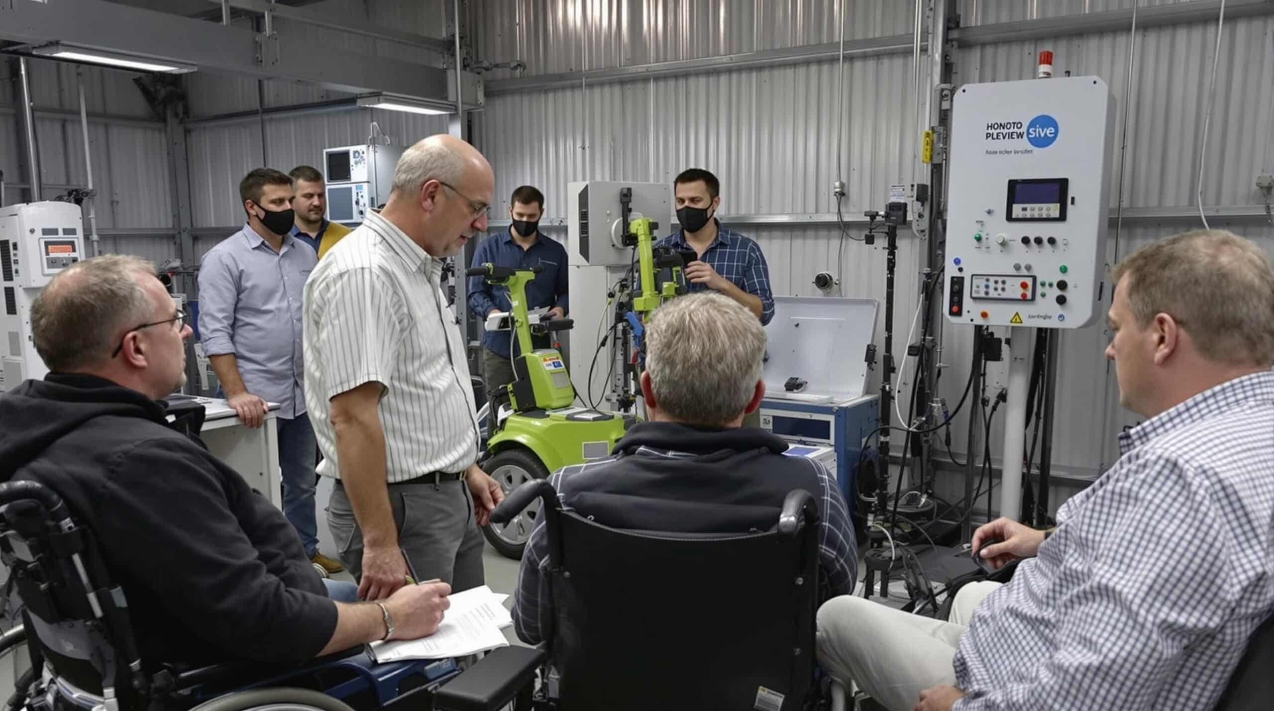 Een groep mensen met een beperking die verschillende elektrische voertuigen testen in een speciaal ontworpen testomgeving.