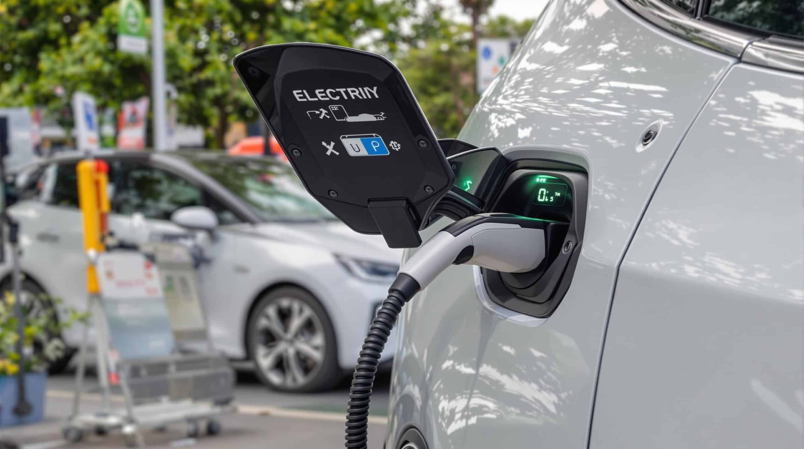 Een groep elektrische auto's wordt volgeladen met goederen voor zakelijk gebruik.