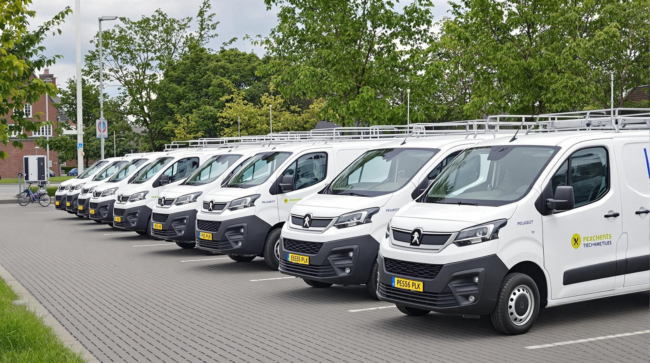 Een reeks elektrische Peugeot bedrijfswagens geparkeerd in een stedelijke omgeving.