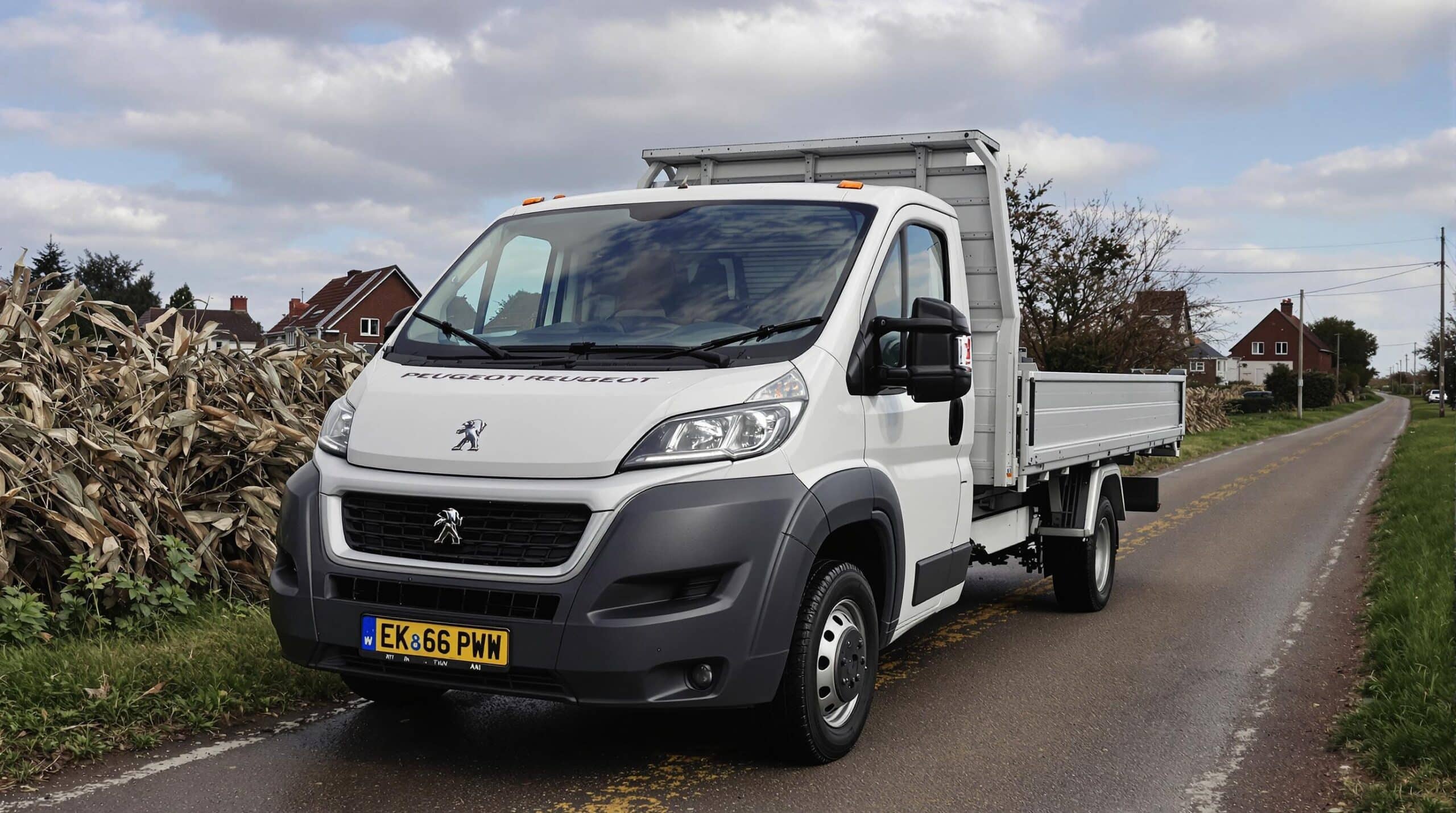 Een witte Peugeot bedrijfswagen staat geparkeerd op een rustige weg.