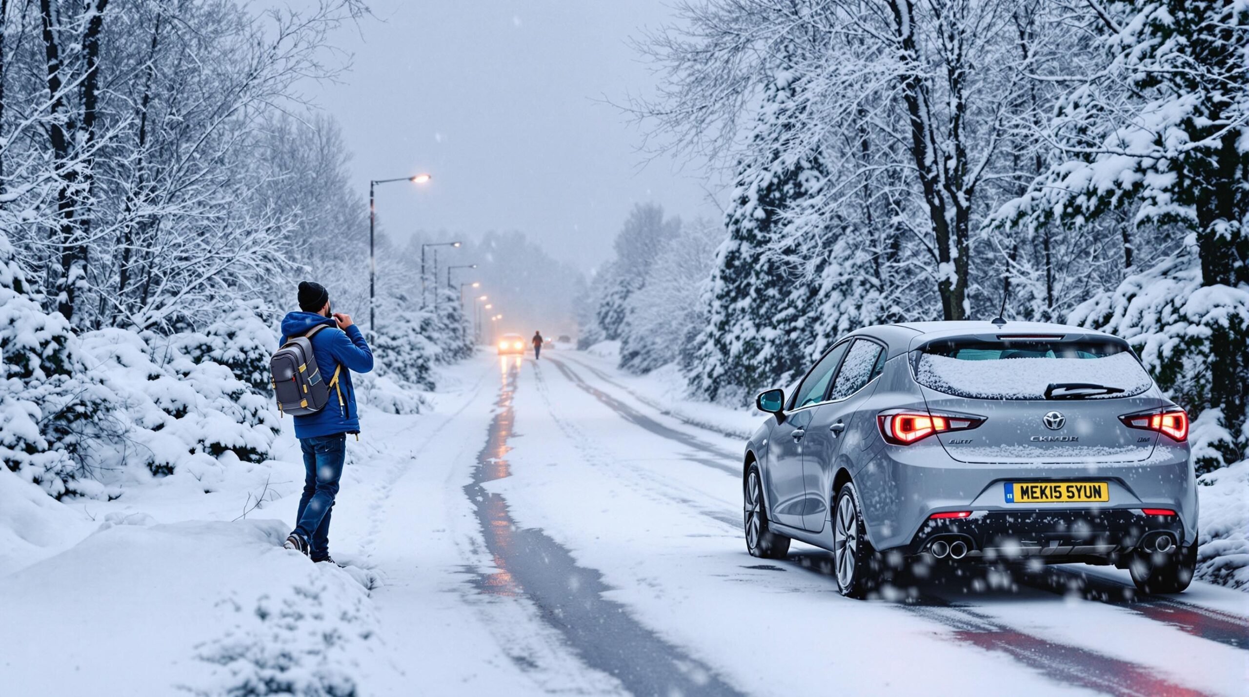 Een zakelijke auto staat geparkeerd op een gladde weg, terwijl de bestuurder met een bezorgde blik naar de sneeuw kijkt.