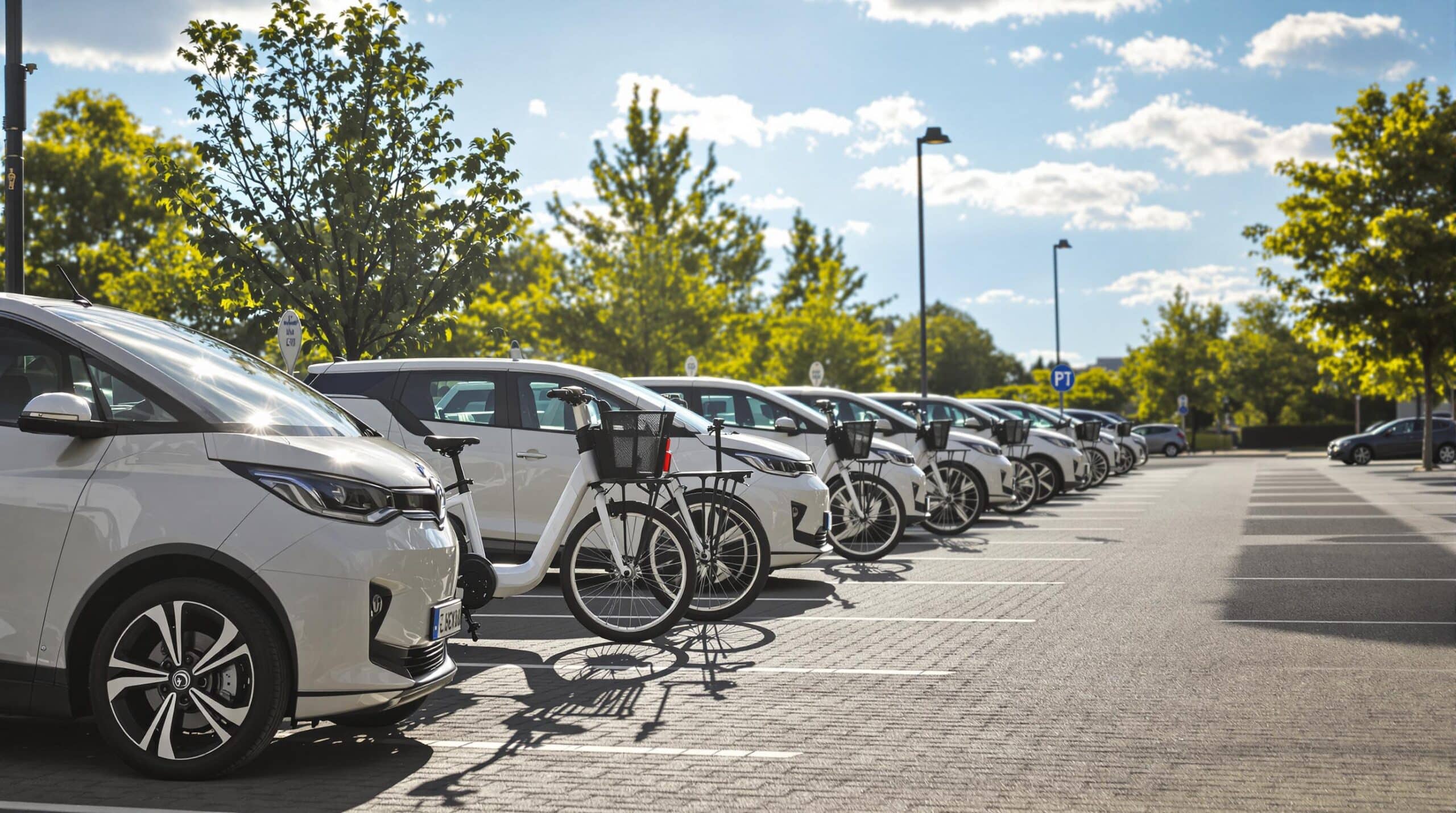 Een rij elektrische bestelwagens staat geparkeerd op een parkeerplaats met een zonnige achtergrond, klaar voor lange ritten.