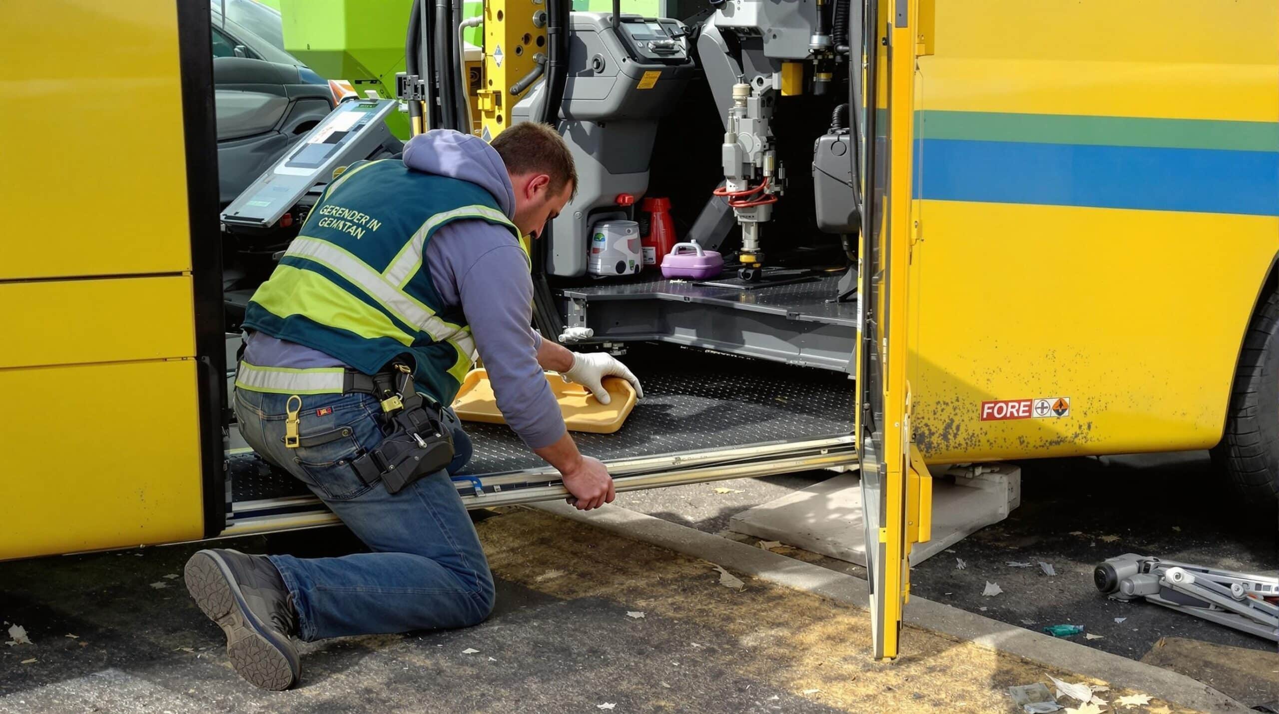 Een persoon installeert een verhoogd dak op een busje terwijl gereedschap op de grond verspreid ligt.