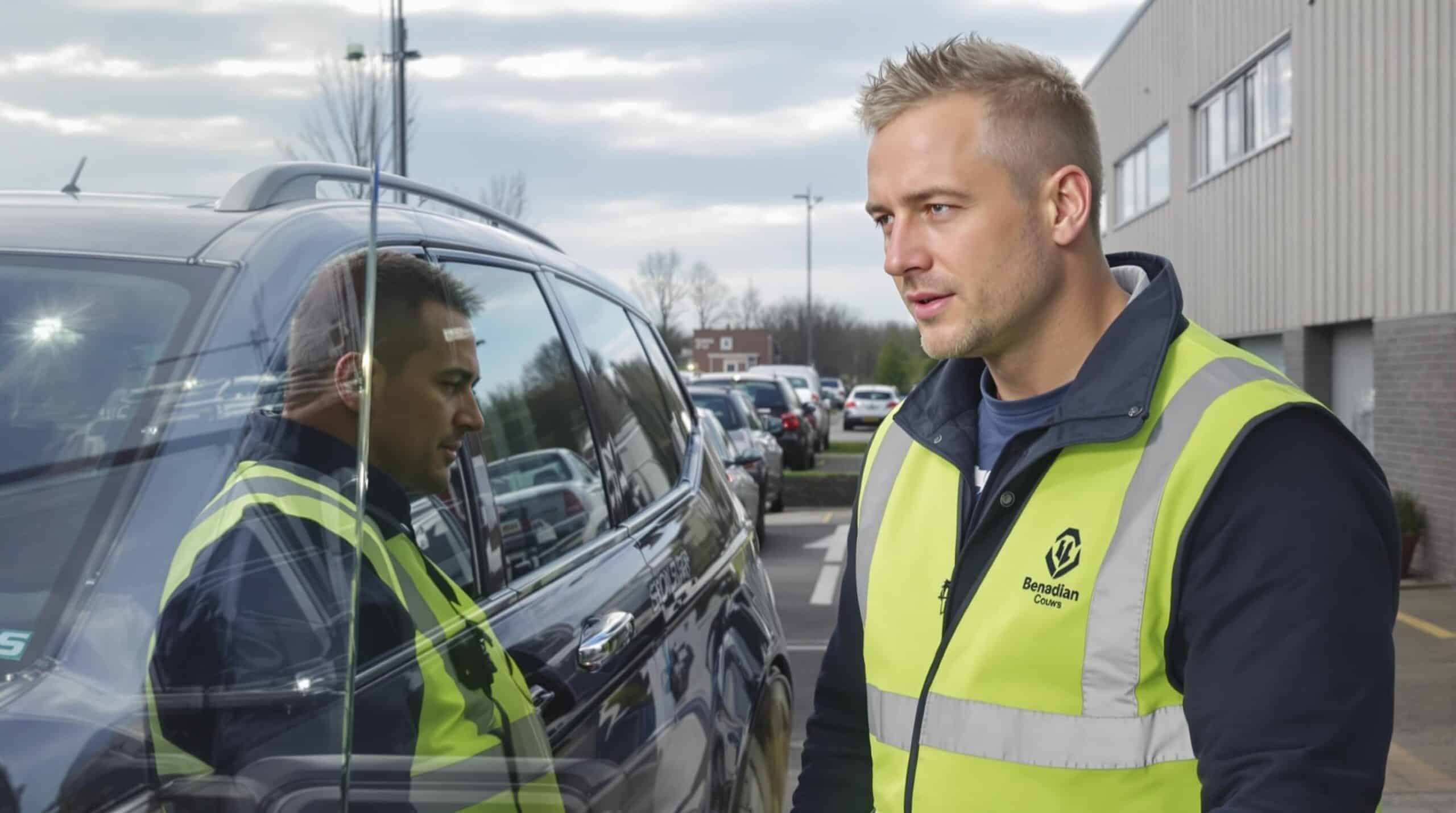 Een ondernemer bekijkt een oudere bedrijfsauto en glimlacht tevreden.
