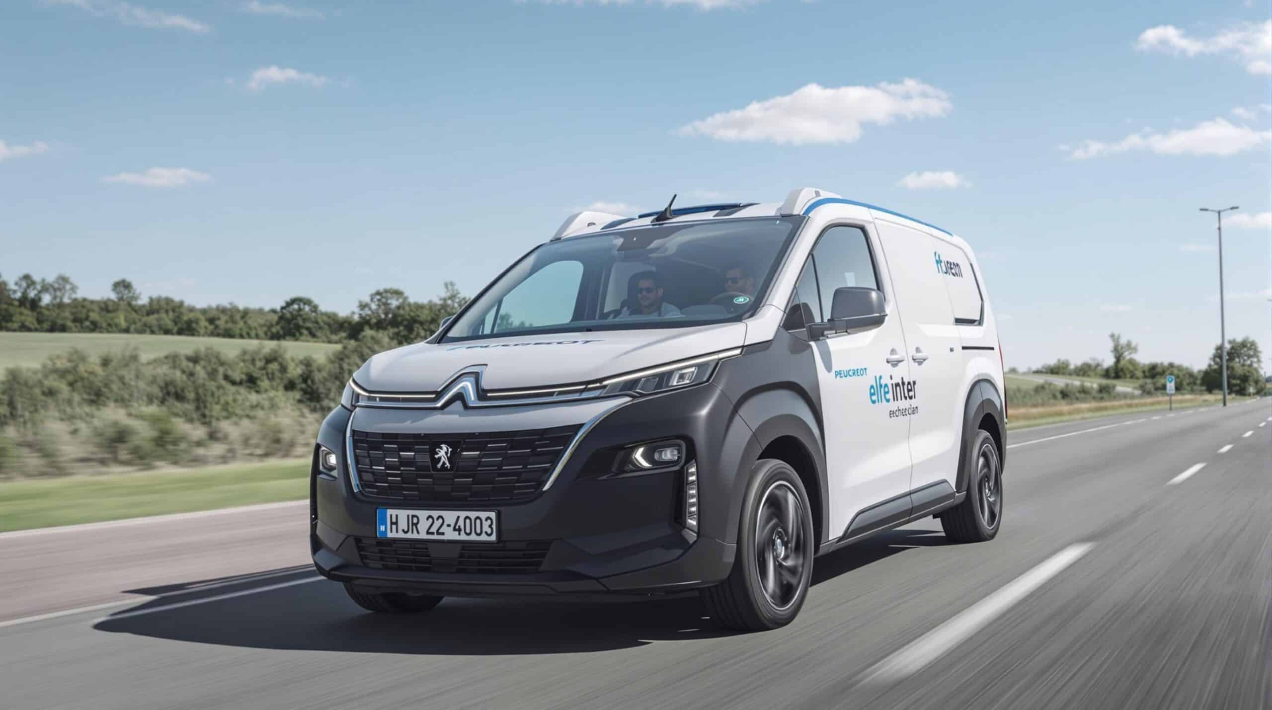 Een elektrische bedrijfswagen van Peugeot rijdt op de weg.