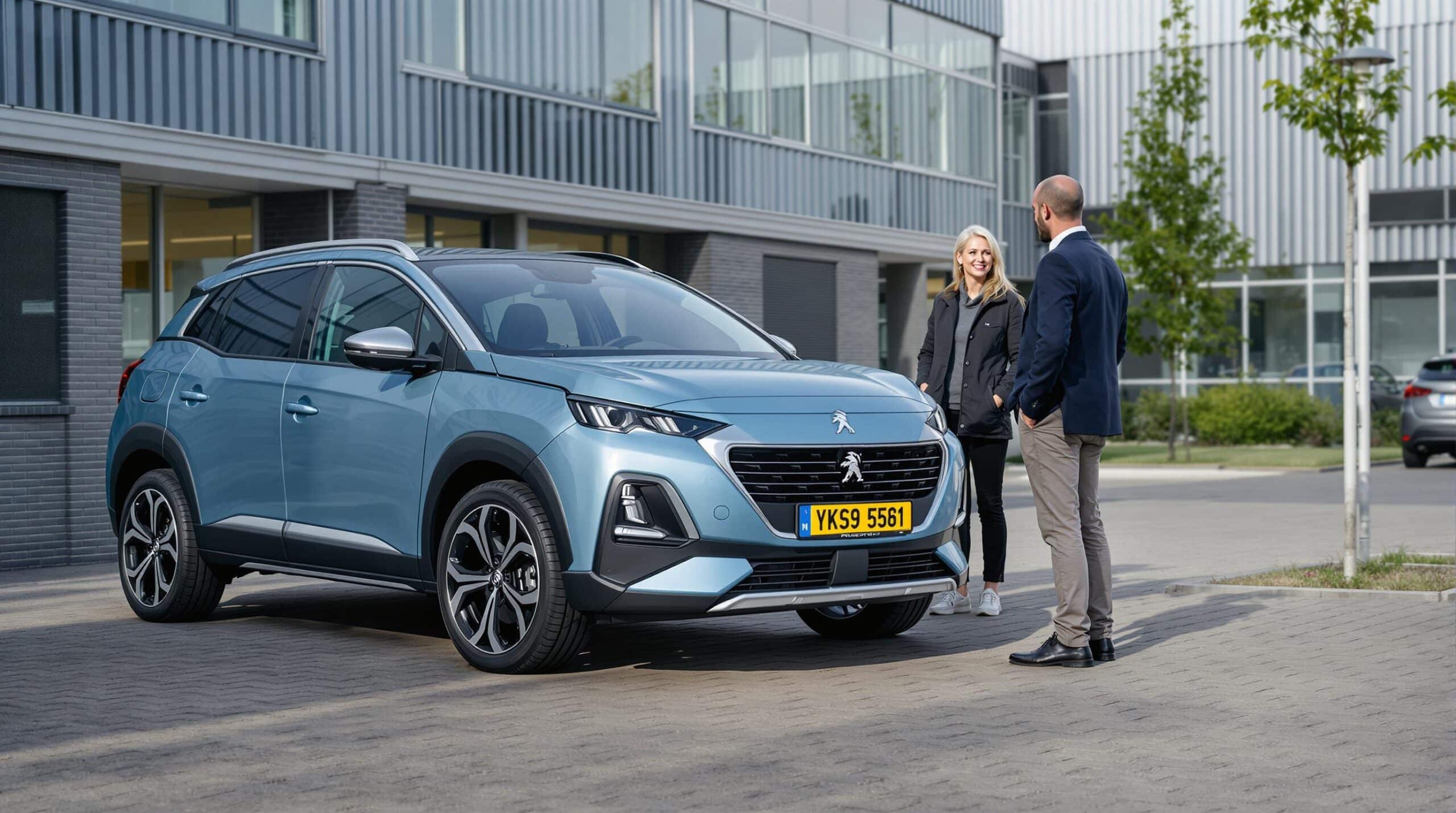 Een lichtblauwe Peugeot bedrijfswagen staat geparkeerd op een bedrijventerrein, terwijl een tevreden eigenaar de opties bespreekt met een verkoper.