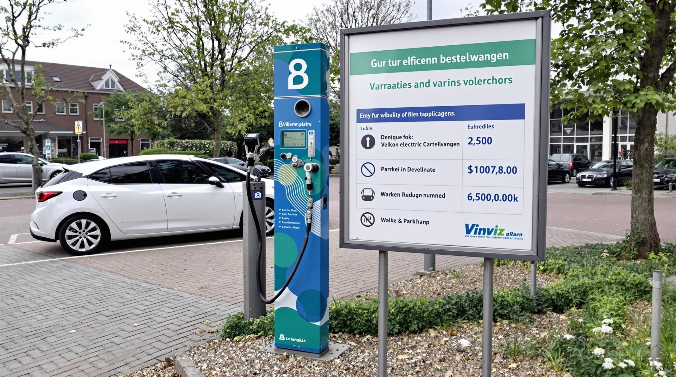 Een parkeerplaats met een elektrische bestelwagen en een bord over subsidies.