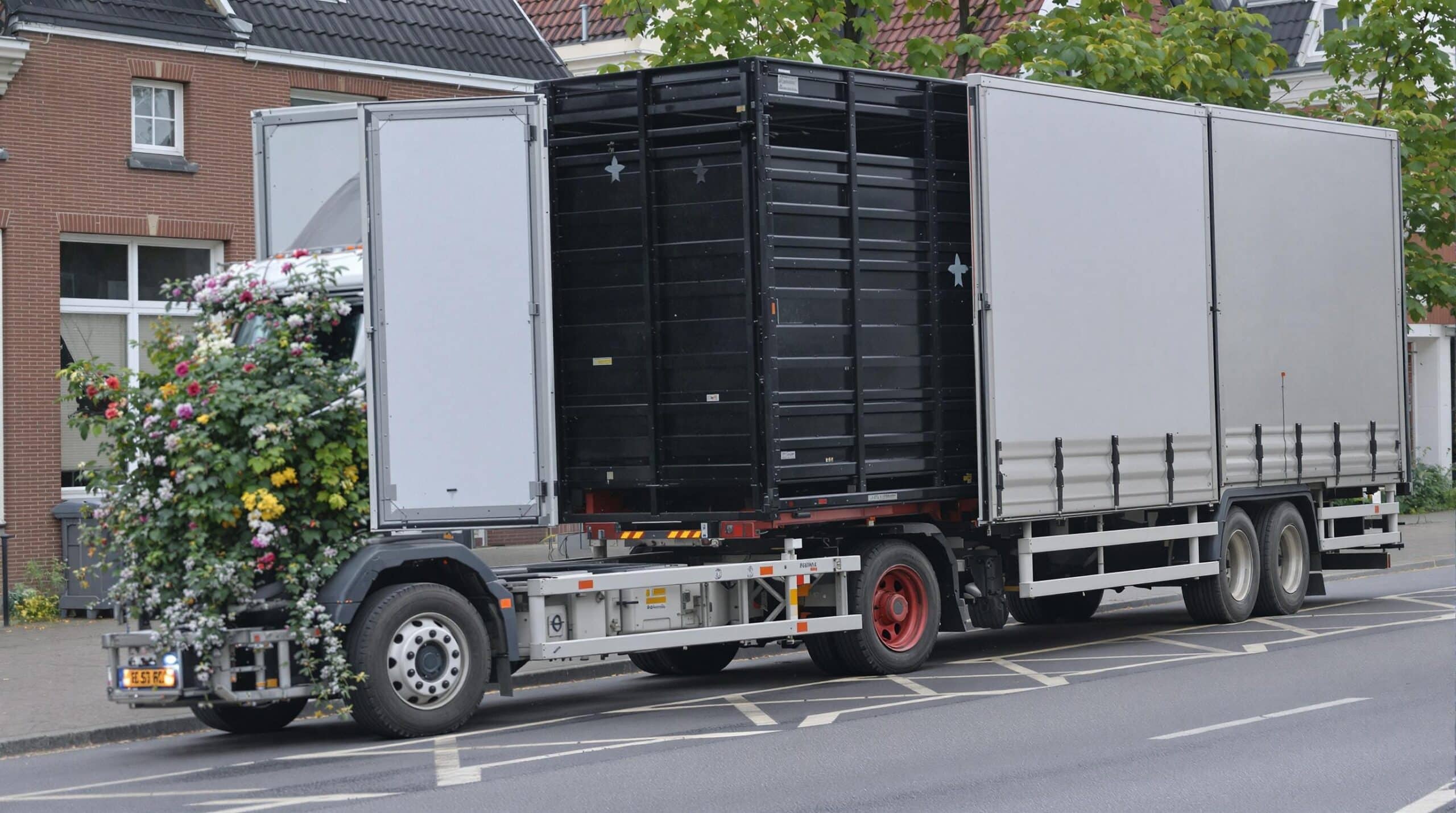 Een zware lading wordt vervoerd in een bestelwagen op een aangelegde straat.