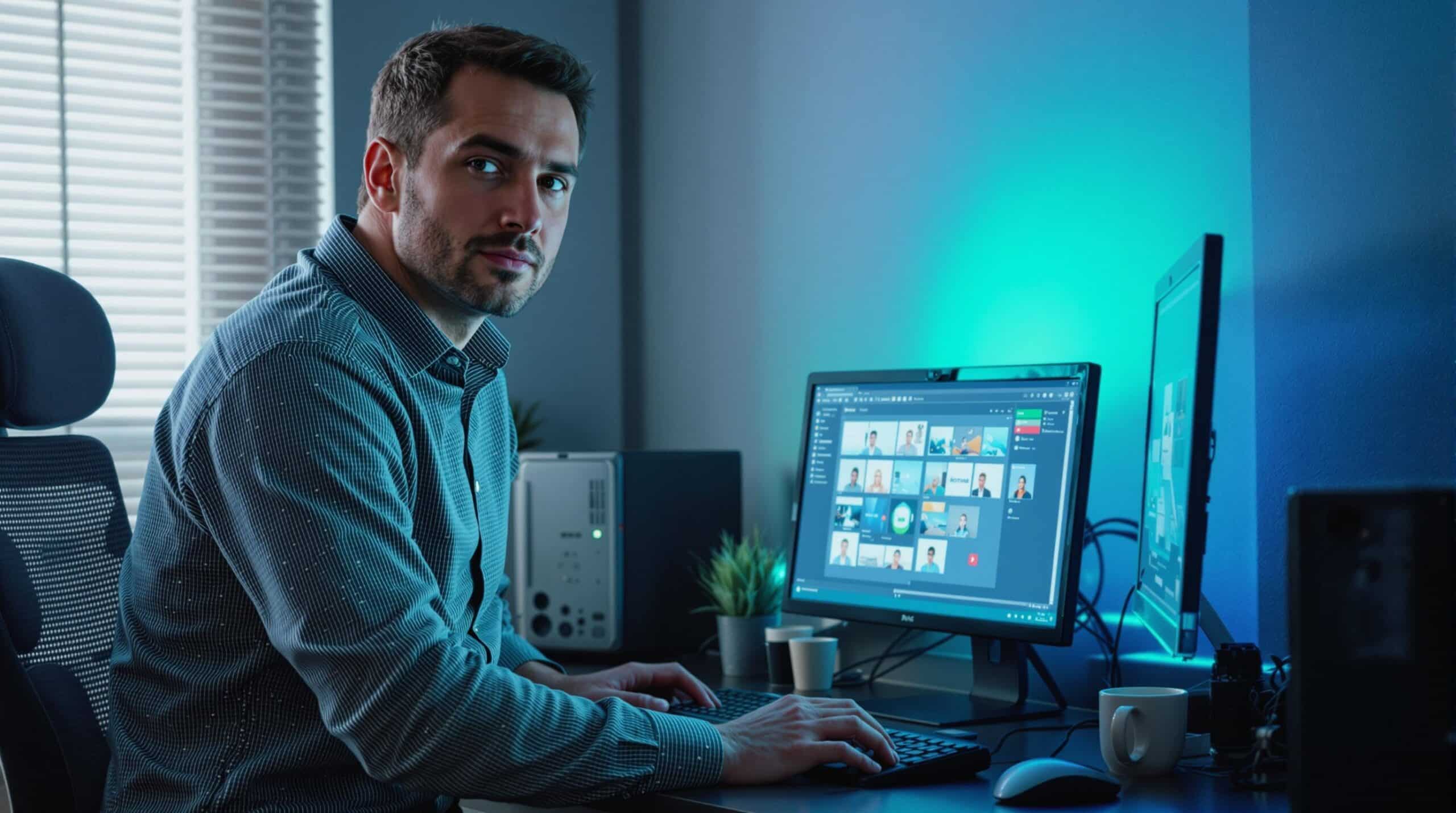 Een persoon staat naast een computerscherm waarop een kaart met voertuigen te zien is.