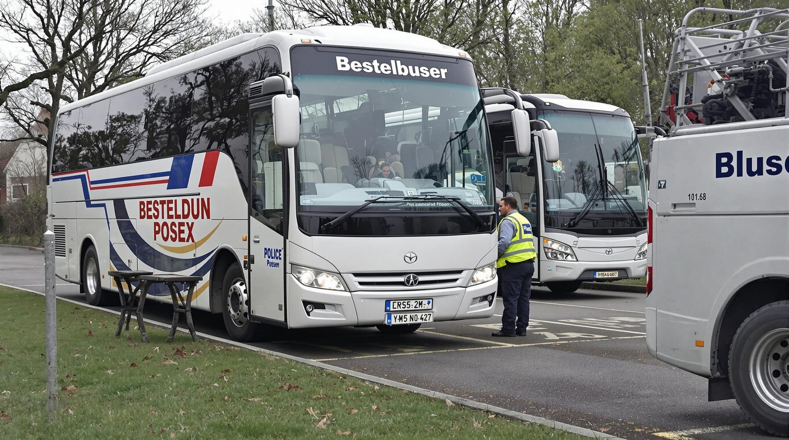 Een man tankt zijn auto terwijl meerdere bestelbussen geparkeerd staan op de achtergrond.