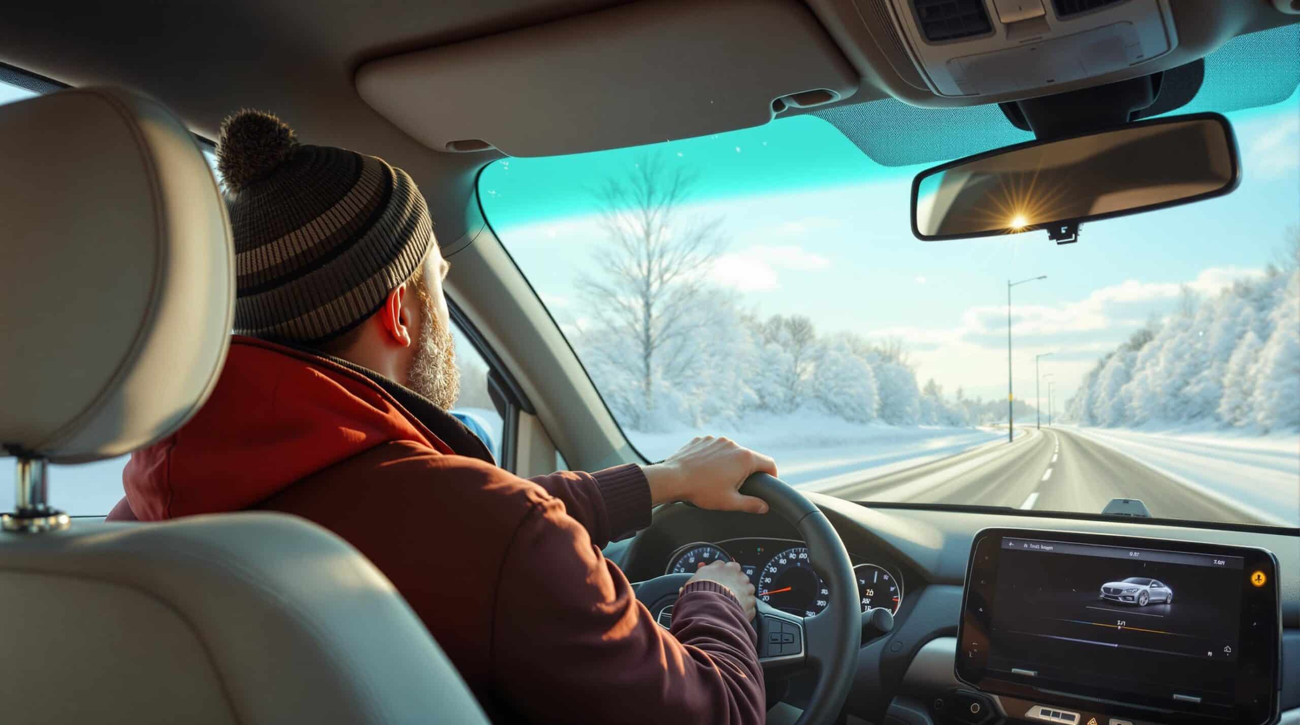 Een voorbijrijdende auto met een geconcentreerde bestuurder die op de snelweg rijdt terwijl de zon ondergaat.