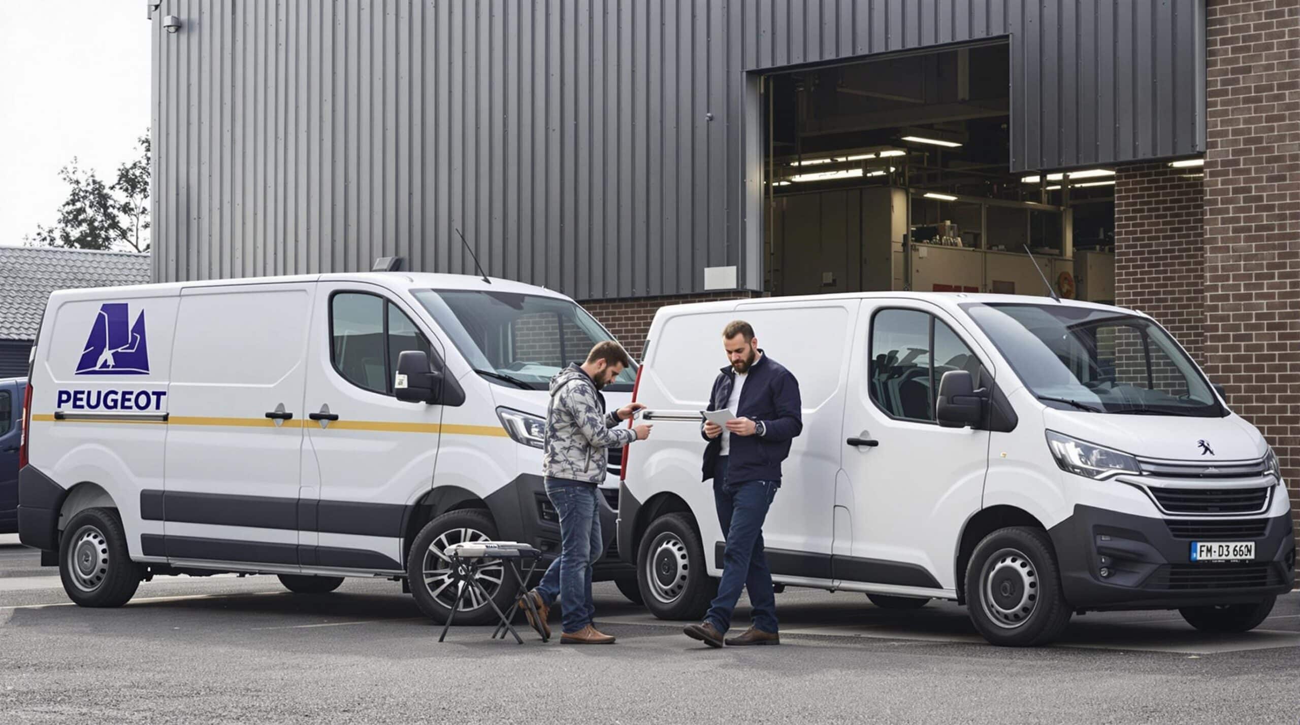 Twee bedrijfswagens, een Peugeot Expert en een Boxer, staan naast elkaar geparkeerd op een bedrijfsterrein, terwijl een monteur de motor van de Expert inspecteert.